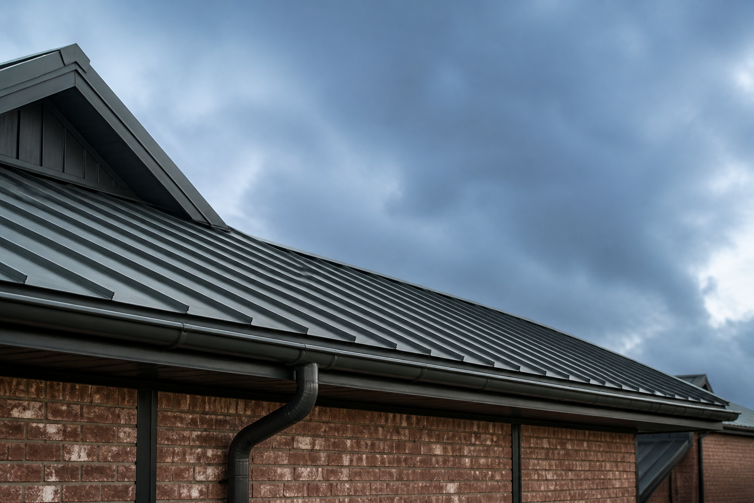 Standing-seam metal roof and gutter system on a brick commercial building