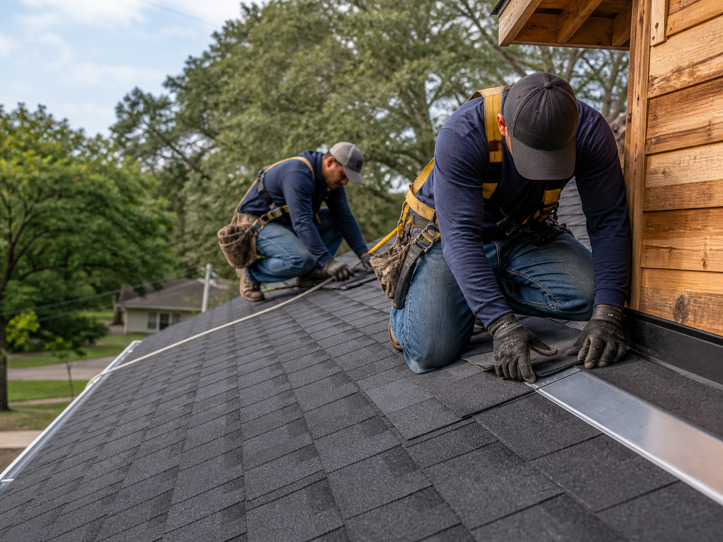 Roofing installers aligning architectural shingles and flashing